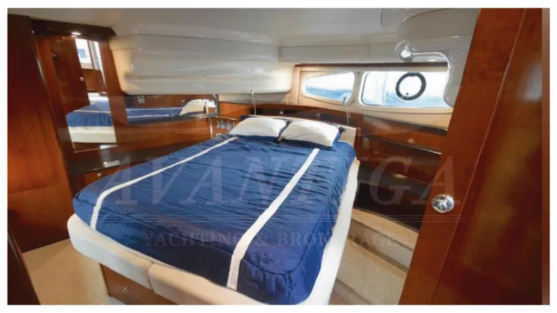  Yacht Photos Pics Luxurious bedroom interior of 2010 Meridian 541 Sedan yacht with blue bedding.