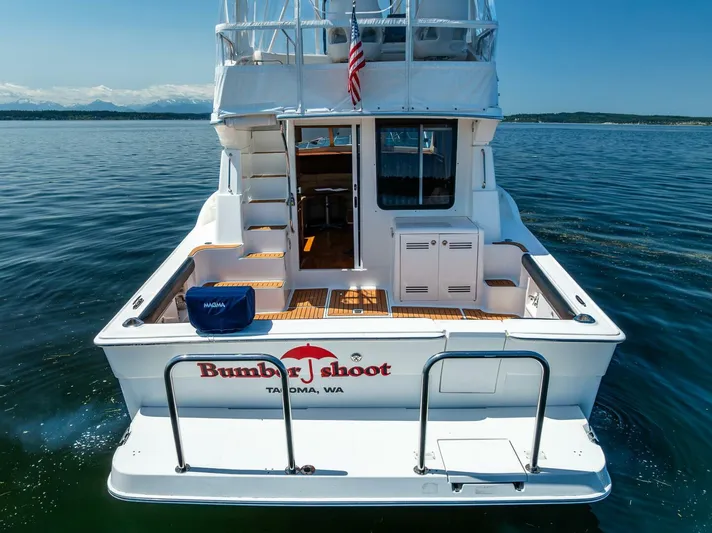 Bumber Shoot Yacht Photos Pics 2006 Silverton 42 Convertible yacht on water, rear view, with American flag and Tacoma, WA label.