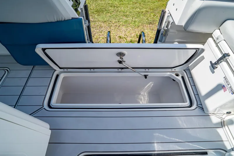  Yacht Photos Pics Open storage compartment on 2021 HCB Lujo boat deck.