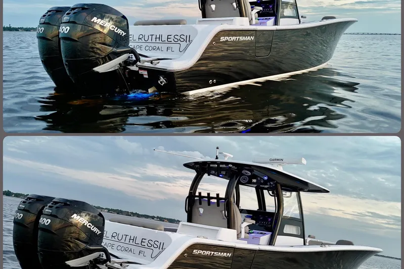 Reel Ruthless Yacht Photos Pics 2022 Sportsman Open 322 Center Console boat on water, featuring dual Mercury engines.