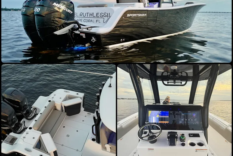 Reel Ruthless Yacht Photos Pics 2022 Sportsman Open 322 Center Console boat with dual Mercury engines on water.