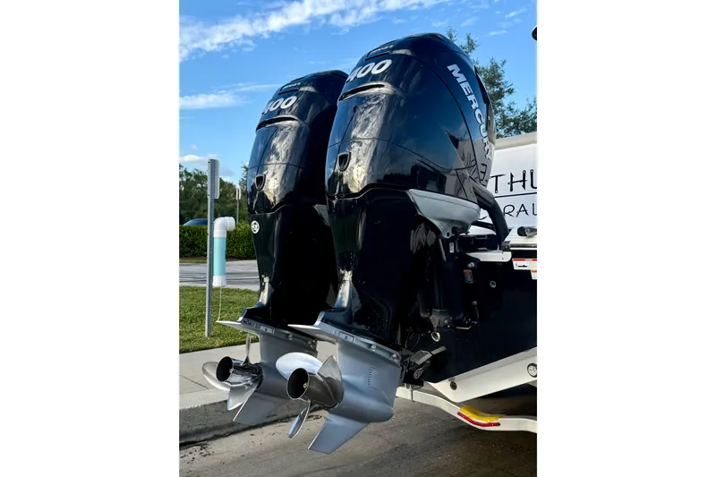 Reel Ruthless Yacht Photos Pics Twin Mercury outboard engines on a 2022 Sportsman Open 322 Center Console boat.