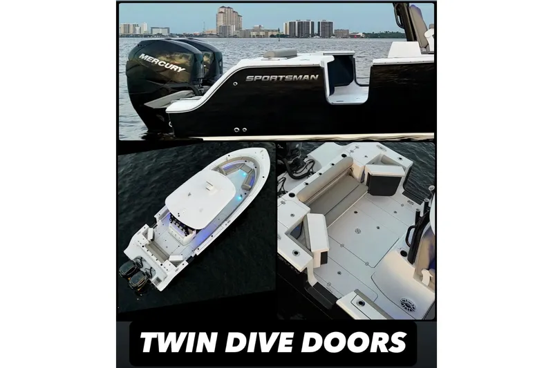 Reel Ruthless Yacht Photos Pics 2022 Sportsman Open 322 Center Console boat with twin dive doors and Mercury engines.