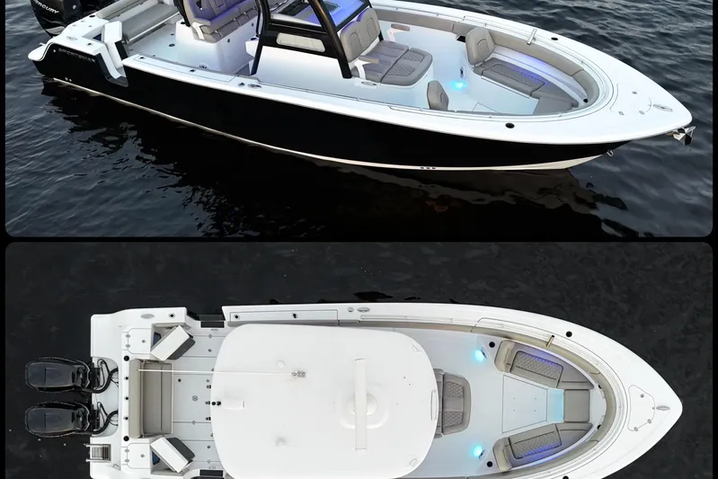 Reel Ruthless Yacht Photos Pics 2022 Sportsman Open 322 Center Console boat, side and top views, on water.
