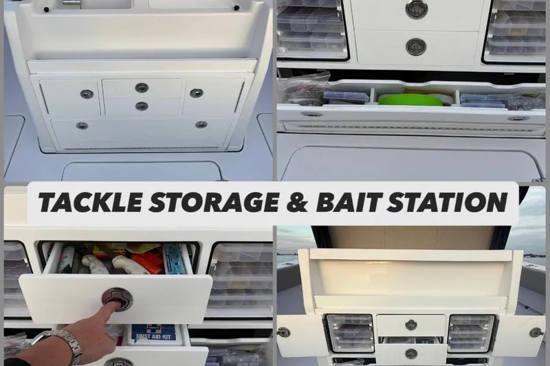 Reel Ruthless Yacht Photos Pics Tackle storage and bait station on 2022 Sportsman Open 322 Center Console boat.
