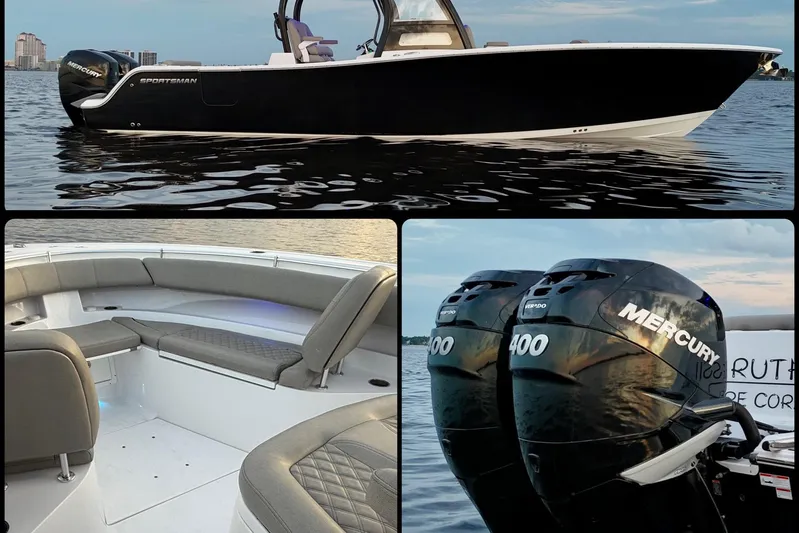 Reel Ruthless Yacht Photos Pics 2022 Sportsman Open 322 Center Console boat with dual Mercury 400 engines and spacious seating.