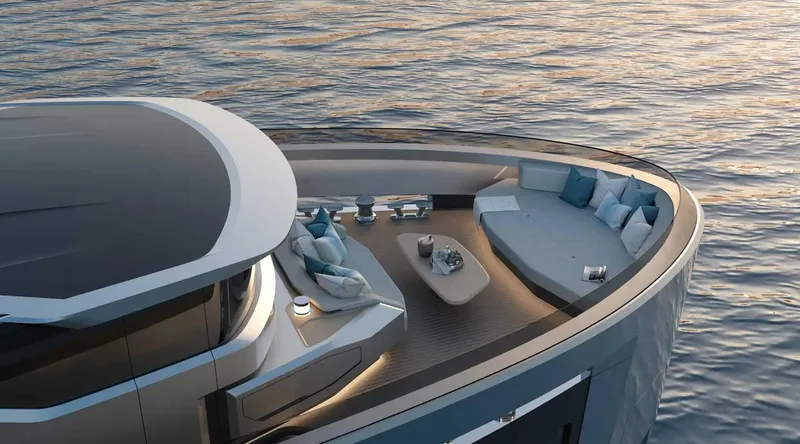  Yacht Photos Pics Luxurious 2025 Mazu Yachts 112DS with elegant deck seating, cruising on serene waters.