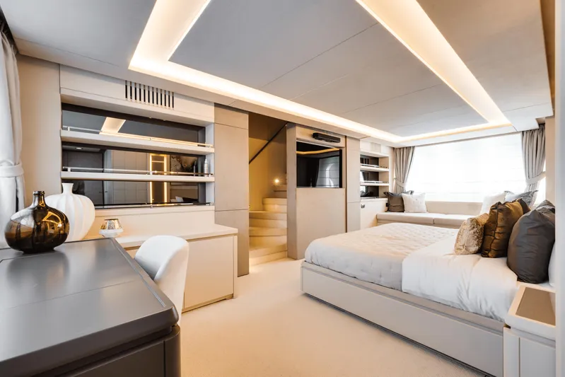 Serendipity Yacht Photos Pics Luxurious interior of 2008 Azimut 116 yacht with modern bedroom design.