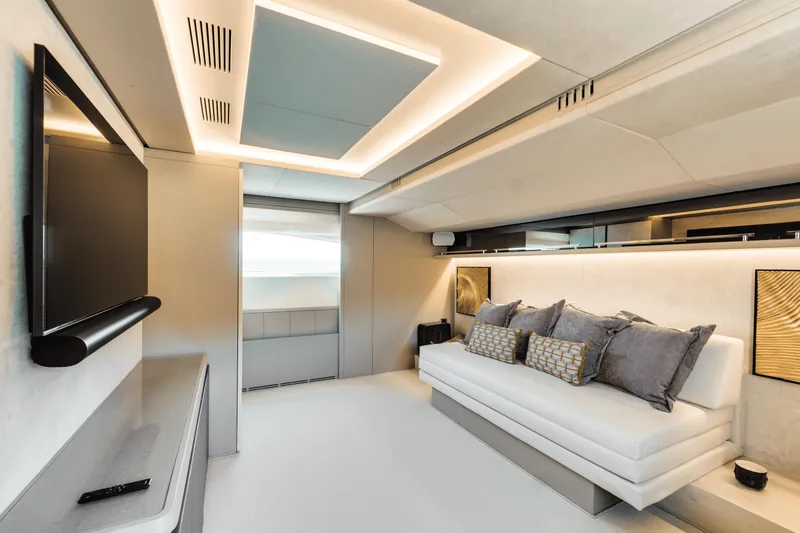 Serendipity Yacht Photos Pics Luxurious interior of 2008 Azimut 116 yacht with modern decor and comfortable seating.