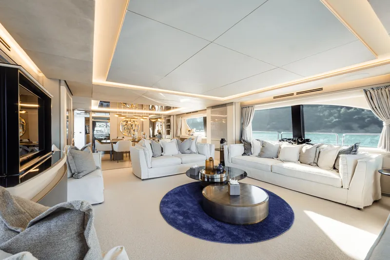 Serendipity Yacht Photos Pics Luxurious interior of 2008 Azimut 116 yacht with elegant seating and modern decor.