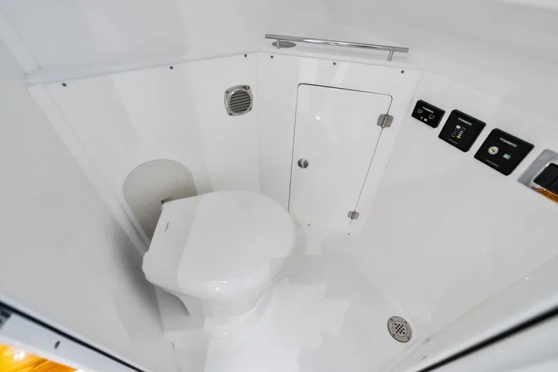 No Name Yacht Photos Pics 2023 HCB 42 Lujo boat bathroom interior with modern fixtures and controls.