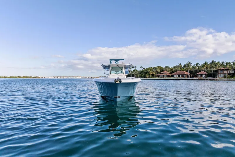 No Name Yacht Photos Pics 2023 HCB 42 Lujo boat on calm water near tropical shoreline.