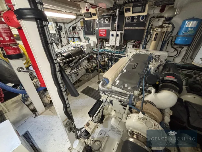  Yacht Photos Pics Engine room of a 1987 Hatteras 85 yacht, showcasing machinery and equipment.