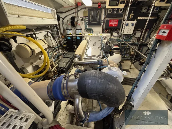  Yacht Photos Pics Engine room of a 1987 Hatteras 85 yacht, showcasing mechanical components and systems.