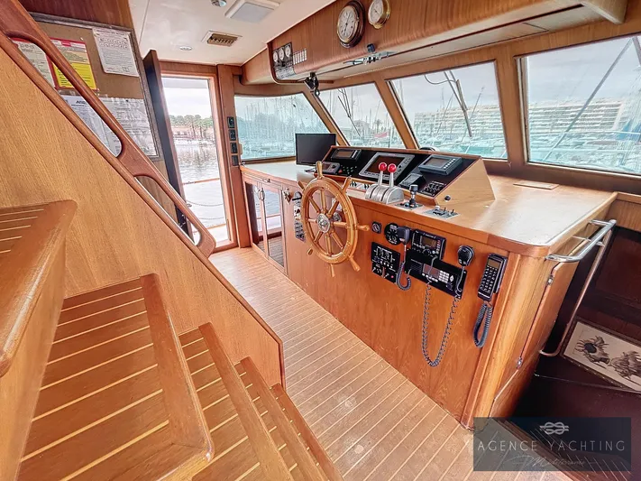  Yacht Photos Pics Pilothouse of 1987 Hatteras 85 yacht with wooden interior and navigation equipment.