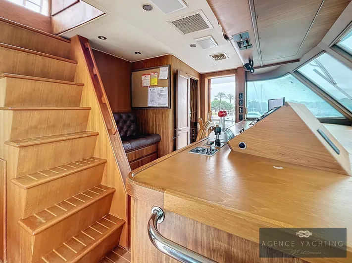  Yacht Photos Pics Interior of 1987 Hatteras 85 yacht with wooden stairs and helm station.