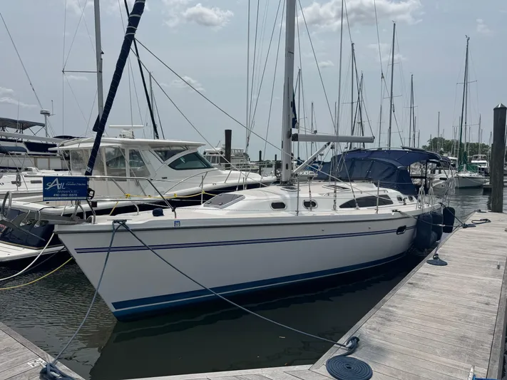 Sea-ductive Yacht Photos Pics Sailboat Catalina 375, 2011 model, docked at marina with clear sky background.