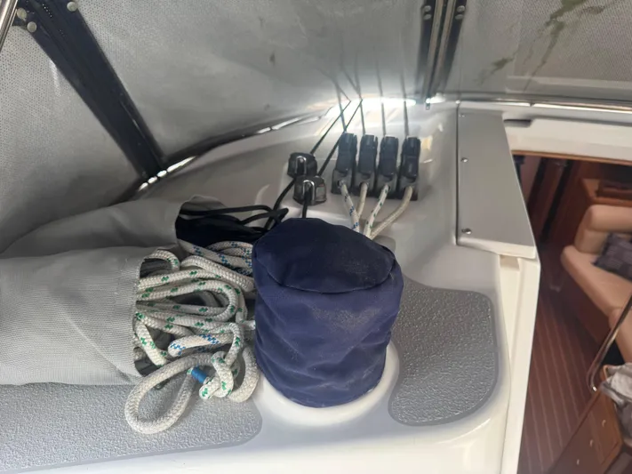 Sea-ductive Yacht Photos Pics Interior view of a 2011 Catalina 375 sailboat with ropes and equipment.