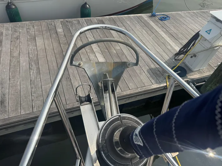 Sea-ductive Yacht Photos Pics Bow of a 2011 Catalina 375 sailboat docked at a marina.