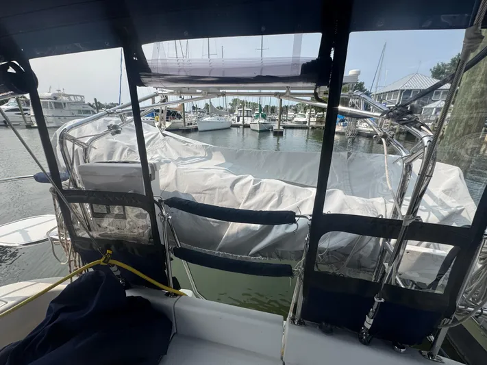 Sea-ductive Yacht Photos Pics Sailboat cockpit view of 2011 Catalina 375 docked in marina.