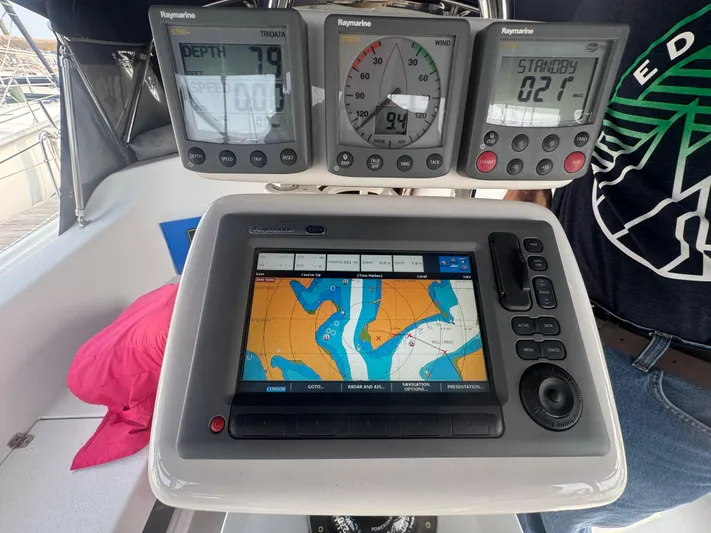 Sea-ductive Yacht Photos Pics Navigation instruments on a 2011 Catalina 375 sailboat, featuring depth and speed displays.