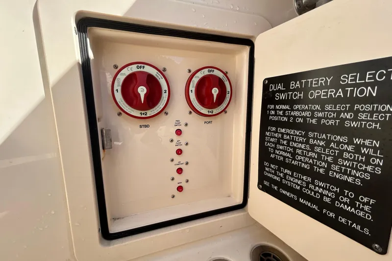  Yacht Photos Pics Dual battery selector switches on 2020 Grady-White Canyon 306 boat with operation instructions.