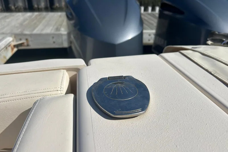  Yacht Photos Pics 2020 Grady-White Canyon 306 boat detail with metal latch and twin engines.