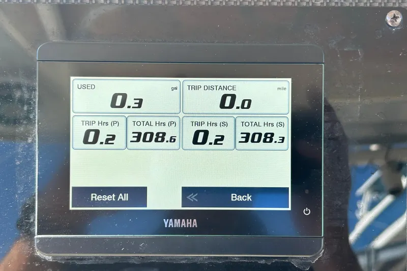  Yacht Photos Pics Yamaha display showing fuel usage and trip data on 2020 Grady-White Canyon 306 boat.