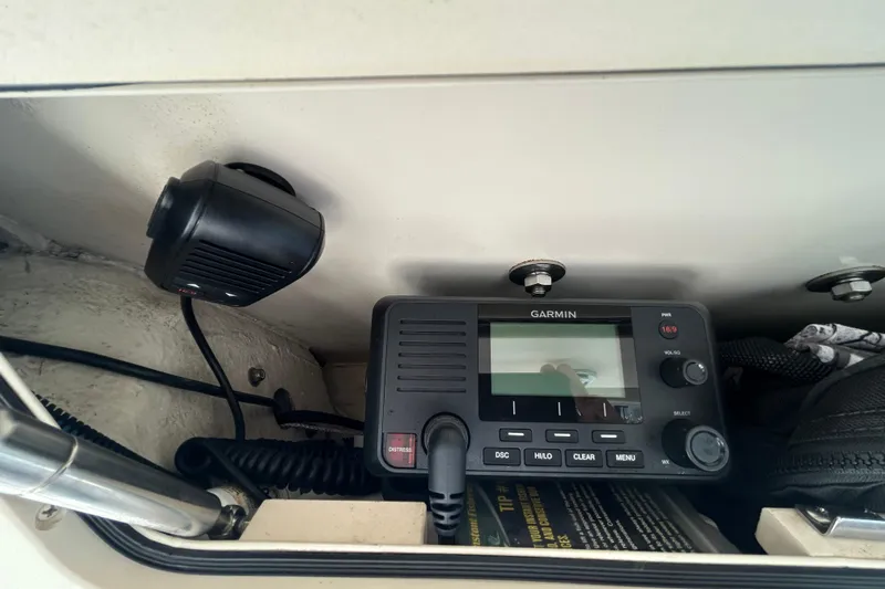  Yacht Photos Pics Garmin marine radio and speaker on 2020 Grady-White Canyon 306 boat dashboard.