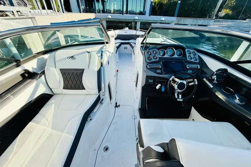  Yacht Photos Pics 2020 Monterey 328SS Super Sport boat interior with luxurious seating and modern dashboard.
