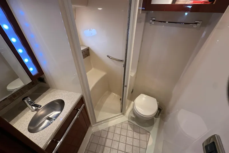 Motomar 1 Yacht Photos Pics Luxurious bathroom in 2008 Sea Ray 500 Sedan Bridge yacht with modern fixtures.