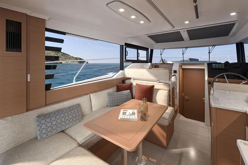  Yacht Photos Pics Manufacturer Provided Image: Luxurious interior of 2026 Beneteau Swift Trawler 37 Fly with ocean view.