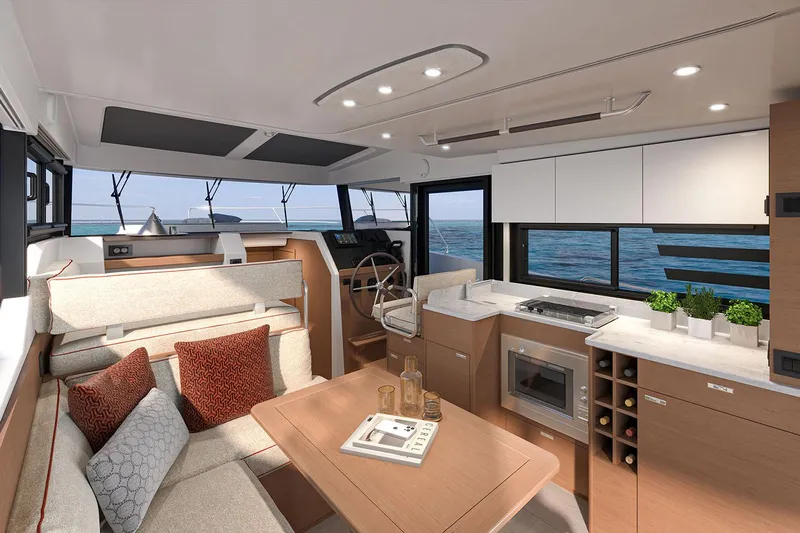  Yacht Photos Pics Manufacturer Provided Image: Luxurious interior of 2026 Beneteau Swift Trawler 37 Fly with modern kitchen and seating area.