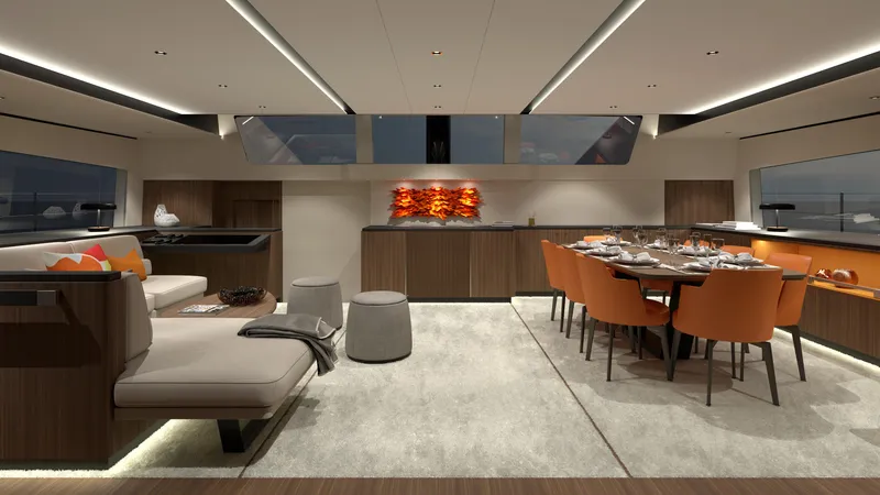  Yacht Photos Pics Luxurious interior of 2026 JFA Yachts Long Island 87, featuring elegant dining and lounge areas.