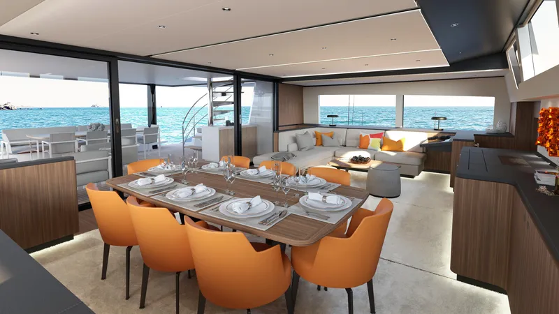  Yacht Photos Pics Luxurious interior of 2026 JFA Yachts Long Island 87 with elegant dining area and ocean view.