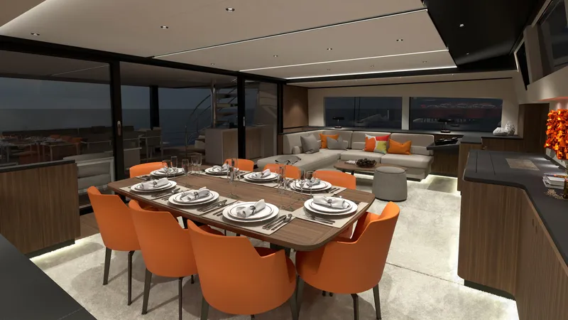  Yacht Photos Pics Luxurious interior of 2026 JFA Yachts Long Island 87 with elegant dining and seating area.