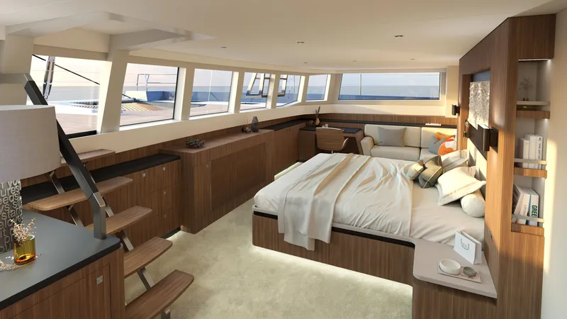  Yacht Photos Pics Luxurious interior of 2026 JFA Yachts Long Island 87, featuring a spacious bedroom with ocean views.