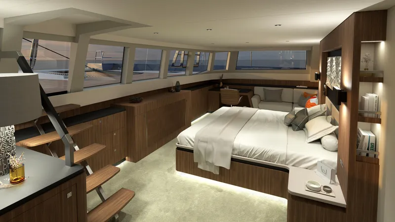  Yacht Photos Pics Luxurious interior of 2026 JFA Yachts Long Island 87, featuring a spacious bedroom with modern design.