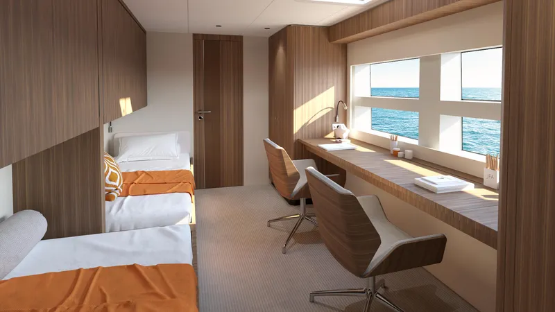  Yacht Photos Pics Luxurious cabin interior of 2026 JFA Yachts Long Island 87 with ocean view.