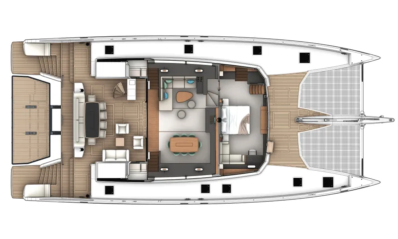  Yacht Photos Pics Top view of 2026 JFA Yachts Long Island 87 catamaran layout, featuring spacious interior design.
