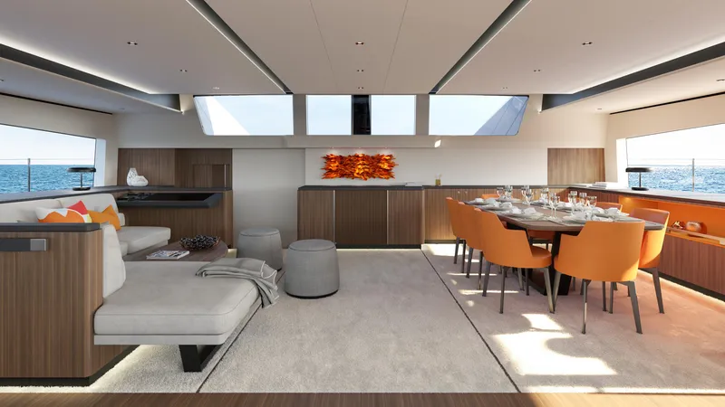  Yacht Photos Pics Luxurious interior of 2026 JFA Yachts Long Island 87 with elegant dining and lounge areas.