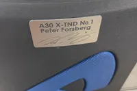 Plaque on Anytec A30 X-Tnd 2022, labeled "A30 X-TND No.1 Peter Forsberg."