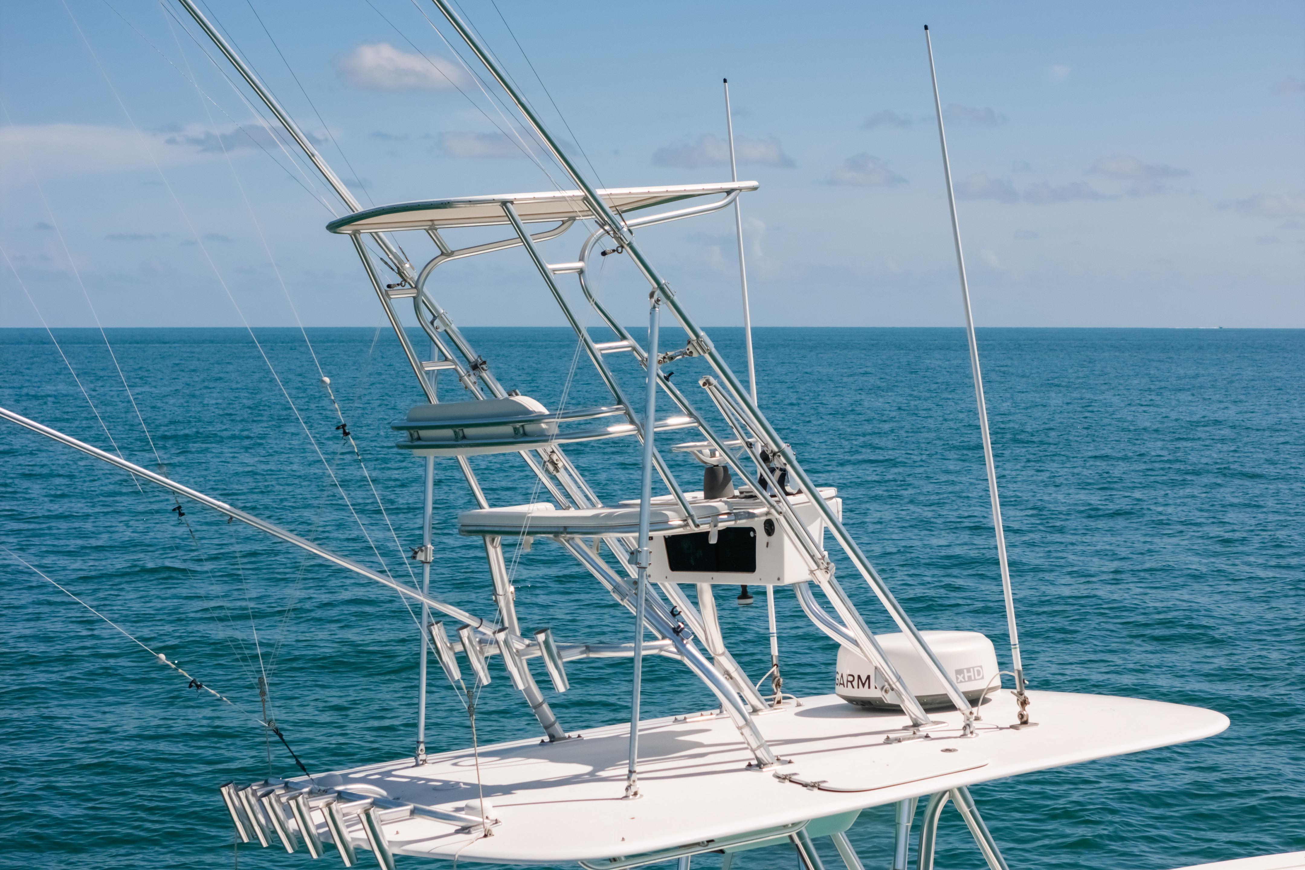 2006 Venture 39 Open boat tower against a clear blue ocean backdrop.