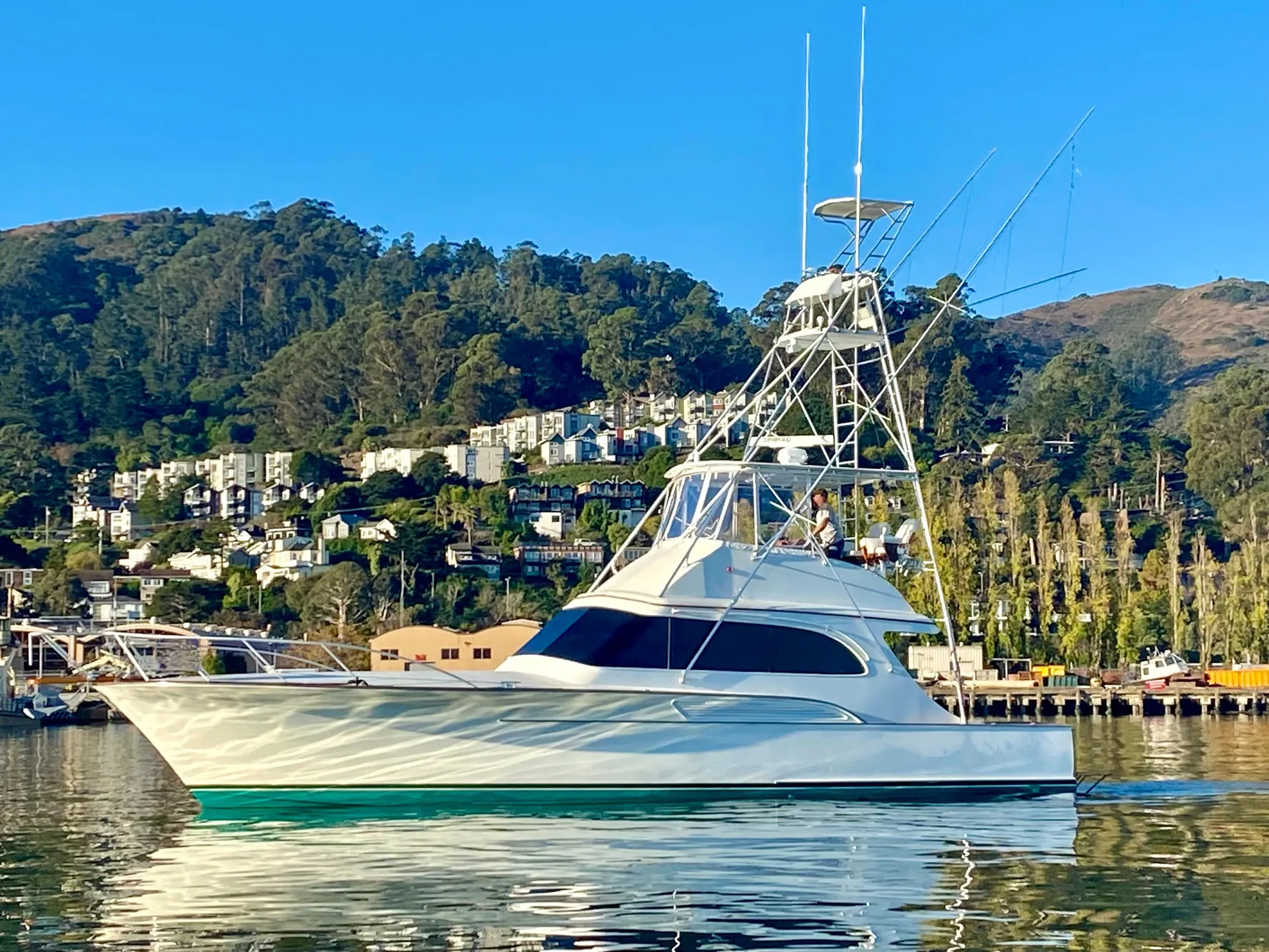 1988 Buddy Davis Convertible yacht on calm water with scenic hillside backdrop.