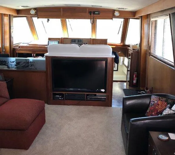 The Bottom Line Yacht Photos Pics Interior of 1987 Hatteras Flybridge yacht with cozy seating and entertainment area.
