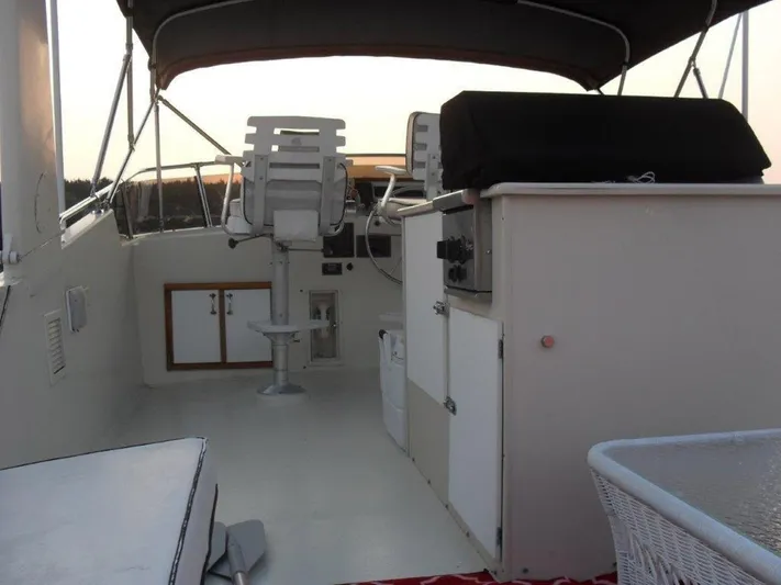 The Bottom Line Yacht Photos Pics 1987 Hatteras Flybridge interior with helm, seating, and storage under a canopy.