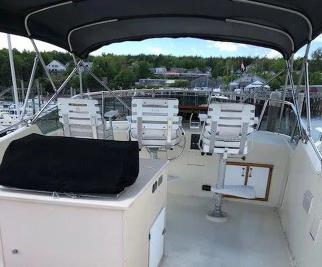 The Bottom Line Yacht Photos Pics 1987 Hatteras Flybridge with seating, canopy, and marina view in the background.