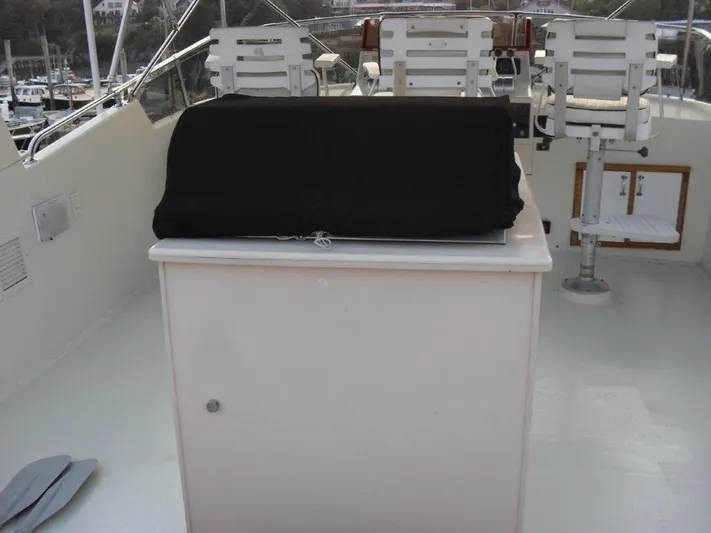 The Bottom Line Yacht Photos Pics 1987 Hatteras Flybridge with covered console and seating, showcasing a classic nautical design.