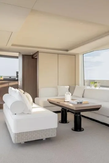  Yacht Photos Pics Luxurious interior of 2024 Azimut Seadeck 7 yacht with modern furnishings and panoramic windows.