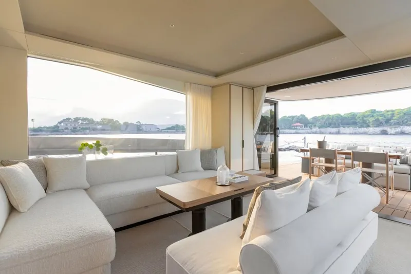  Yacht Photos Pics Luxurious interior of 2024 Azimut Seadeck 7 yacht with elegant seating and scenic views.